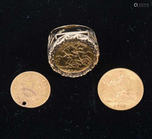 A George V gold half Sovereign, mounted as a ring, another half Sovereign and a Napoleon III 5