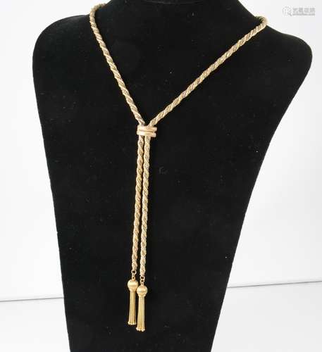 A 9 carat yellow and white gold necklace with tassel ends.