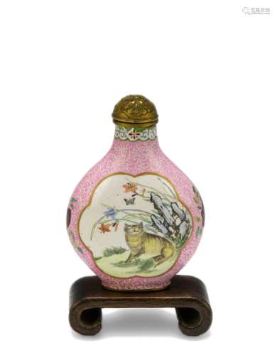 Chinese Pink Enamel Snuff Bottle, 18-19th C#十八/十九世紀 銅胎畫琺瑯三羊開泰煙壺