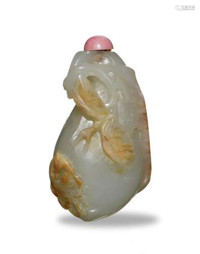 Chinese Jade Melon-Form Snuff Bottle, 18th C#十八世紀 玉巧色瓜形鼻煙壺