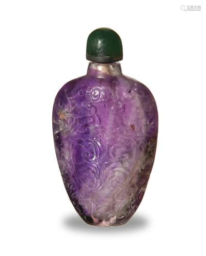 Chinese Amethyst Snuff Bottle w/ Dragons, 18th C#十八世紀 紫晶雕靈芝紋鼻煙壺