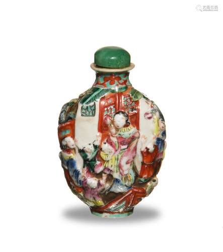 CHI. High Relief Porcelain Snuff Bottle, 19th C#清 嘉慶 雕瓷粉彩人物鼻煙壺