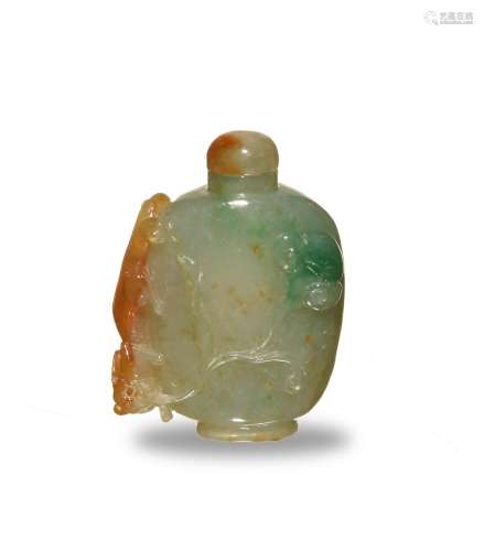 Chinese Jadeite Snuff Bottle w/ Chilong, 19th C#十九世紀 翡翠螭龍靈芝鼻煙壺