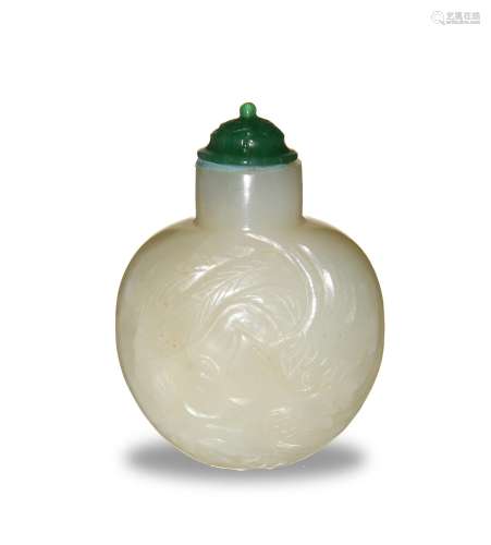 CHI. Jade Snuff Bottle w/ Phoenix, 18-19th C#十八/十九世紀 白玉鳳紋鼻煙壺