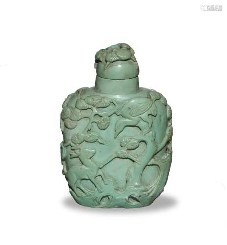 Chinese Carved Turquoise Snuff Bottle, 19th C#十九世紀 綠松石雕花鳥鼻煙壺