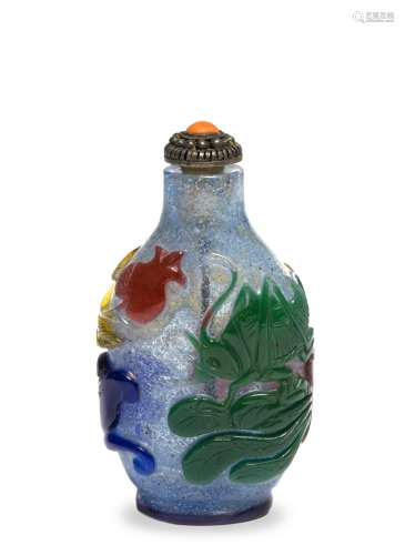 Chinese 5-Color Peking Glass Snuff Bottle, 18th C#十八世紀 五色套料瓜果蟲草鼻煙壺