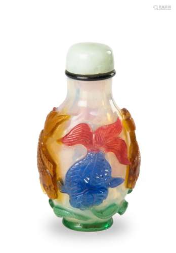 Chinese 4-Color Peking Glass Snuff Bottle, 19th C#十九世紀 四色套料金魚鼻煙壺