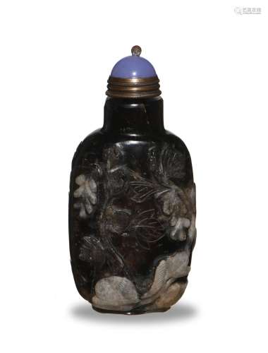 CHI. Black & White Crystal Snuff Bottle, 19th C#十九世紀 墨晶雕巧色鼻煙壺