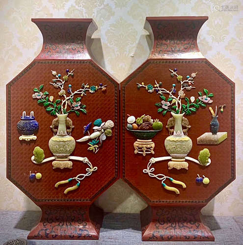 PAIR OF WOOD WITH GEM DECORATED VASE