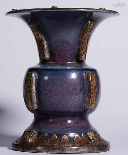 A JUNYAO GLAZE&GILT SILVER&GEM STONE VASE