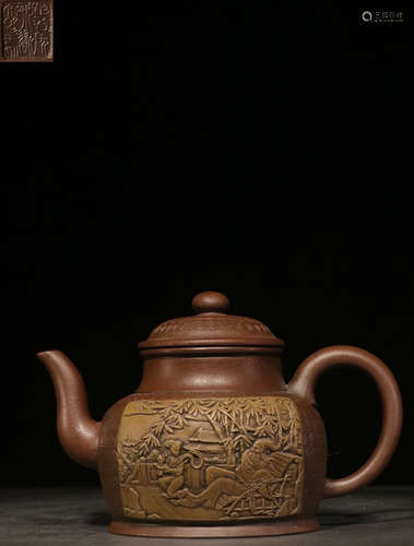 A ZISHA CARVED LANDSCAPE PATTERN POT