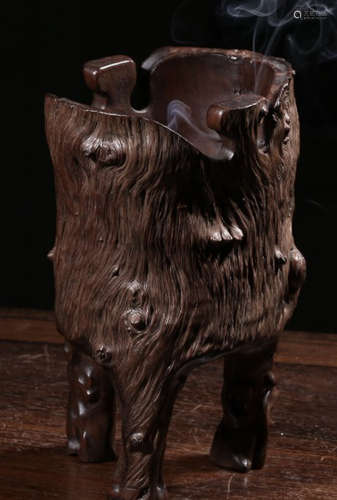 A YING WOOD CARVED TRIPOD CENSER