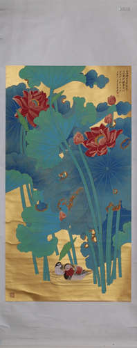 A LOTUS VERTICAL AXIS PAINTING BY ZHANGDAQIAN