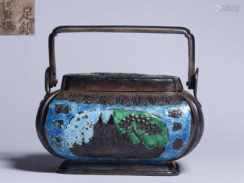 A SILVER ENAMELING BLUE LANDSCAPE PATTERN CENSER