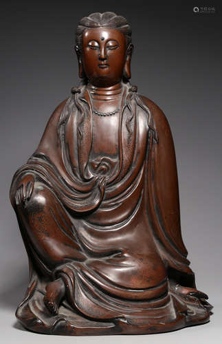 A COPPER WITH SILVER GUANYIN BUDDHA STATUE