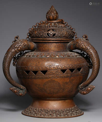 A COPPER CAST BEAST PATTERN HANGING CENSER