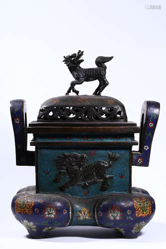 CLOISONNE ENAMELED SQUARE CENSER WITH BULBOUS LEGS, HANDLES, AND LID