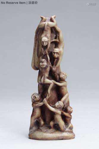 A CHINESE SHOUSHAN STONE CARVED FIGURE OF MONKEYS