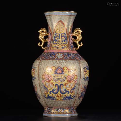 FAMILLE ROSE AND GILT 'TAOTIE MASK' LOBED VASE WITH HANDLES