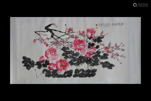 ZHOU YANSHENG: INK AND COLOR ON PAPER PAINTING 'FLOWERS AND BIRDS'