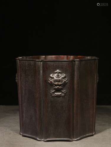 ZITAN WOOD CARVED AND LOBED BRUSH POT WITH BEAST MASKS