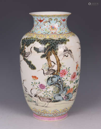 FAMILLE ROSE 'CRANES AND PINE TREES' VASE