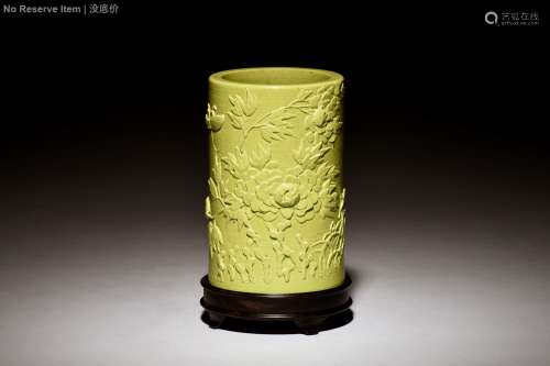 GREEN GLAZED AND CARVED 'FLOWERS' BRUSH POT WITH STAND