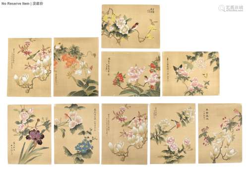 SHI ZHOU: TEN INK AND COLOR ON SILK PAINTINGS 'FLOWERS AND BIRDS'