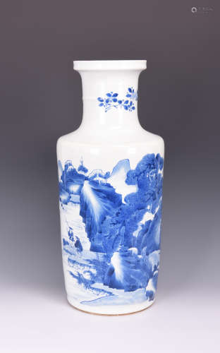 BLUE AND WHITE 'LANDSCAPE SCENERY' ROULEAU VASE