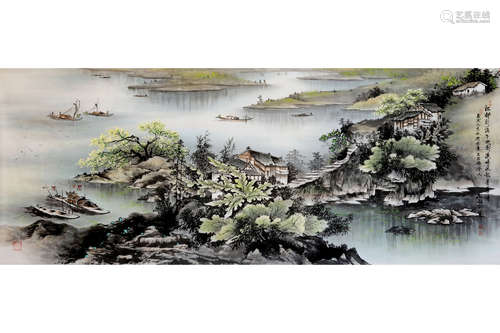 INK AND COLOR ON PAPER PAINTING 'RIVERSIDE VILLAGE'