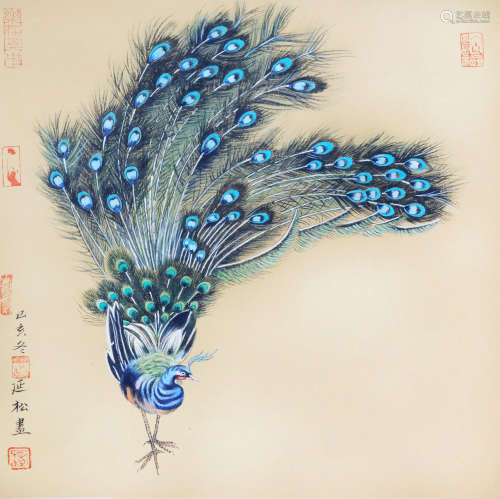 INK AND COLOR ON PAPER PAINTING 'PEACOCK'