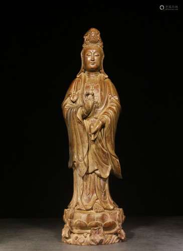 HUANGYANGMU BOXWOOD CARVED 'GUANYIN' STANDING FIGURE