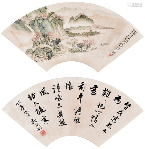 INK AND COLOR ON FAN LEAF PAINTING 'LANDSCAPE SCENERY'