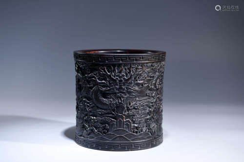 A CHINESE DRAGON CARVED LOBULAR RED SANDALWOOD BRUSH POT