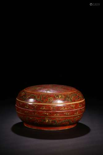 RED GROUND AND YELLOW GLAZED 'DRAGON AND PHOENIX' ROUND BOX WITH COVER