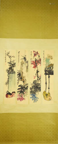 4PCS CHINESE FLOWERS PAINTING SCREENS, WU CHANGSHUO MARK