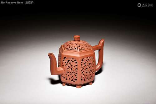 YIXING ZISHA OPENWORK CARVED 'FLOWERS' HEXAGONAL TEAPOT