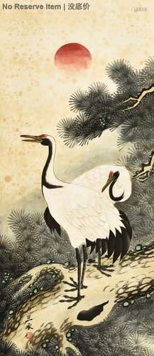 JAPANESE INK AND COLOR ON PAPER PAINTING 'CRANE'