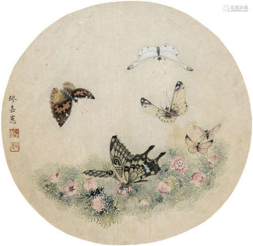 INK AND COLOR ON PAPER FAN LEAF PAINTING 'BUTTERFLIES AND FLOWERS'