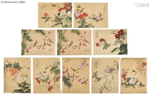 SHI ZHOU: TEN INK AND COLOR ON SILK PAINTINGS 'FLOWERS AND BIRDS'