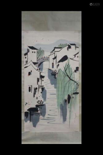 WU GUANZHONG: INK AND COLOR ON PAPER PAINTING 'RIVERSIDE VILLAGE'