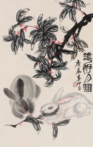 INK AND COLOR ON PAPER PAINTING 'RABBITS'