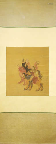 A CHINESE FIGURE PAINTING SILK SCROLL, DING GUANPENG MARK