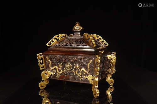 GILT BRONZE CAST AND CARVED 'DRAGONS' RECTANGULAR CENSER WITH LID