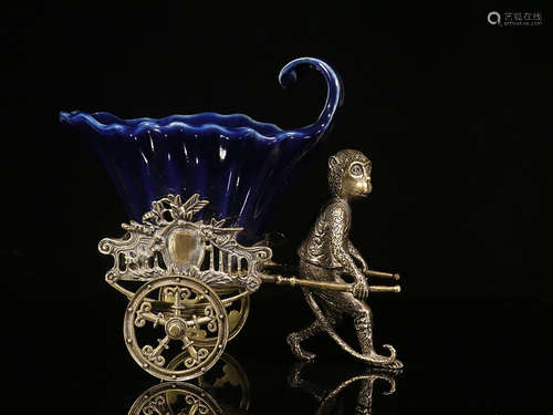 BRONZE CAST 'MONKEY ' WITH BLUE GLAZED PORCELAIN CARRIAGE