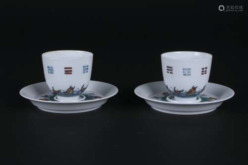 A Pair Of Dou-Cai Porcelain Cups And Trays