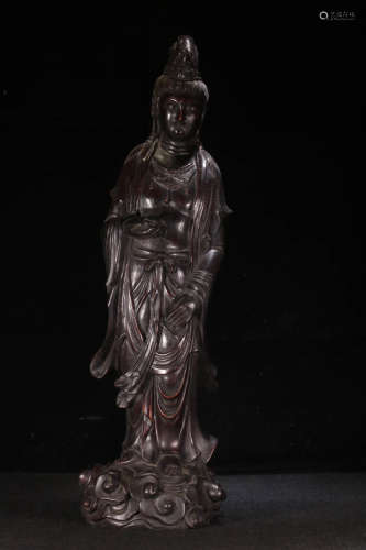 A Chinese Lobular Red Sandalwood Carved Guanyin Statue