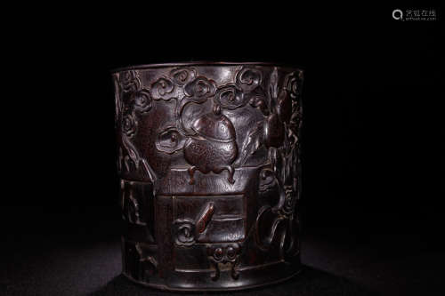 A Chinese Red Sandalwood Carved Brush Pot