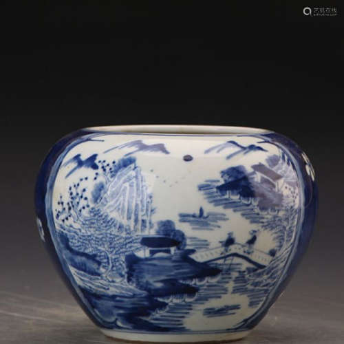 A Chinese Blue and White Landscape Porcelain Brush Washer