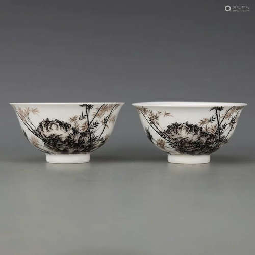 A Pair of Chinese Ink Landscape Porcelain Bowls